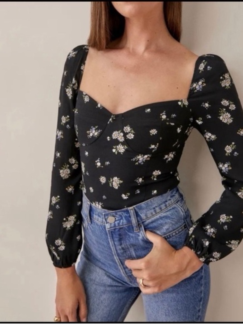 Reformation Reign Top - Black Floral Sweetheart Long-Sleeve